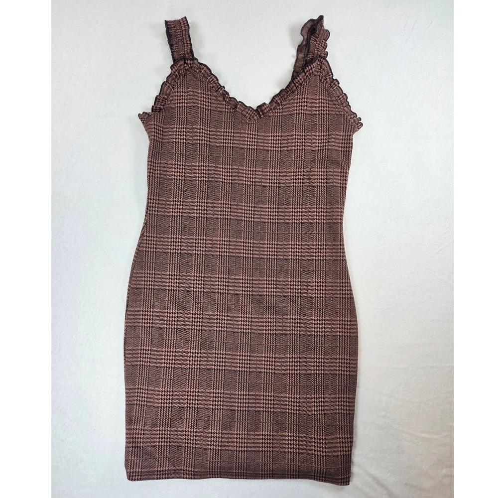 Haute Monde Bodycon Dress Women Large Brown Black Plaid Ruffle Mini Academic